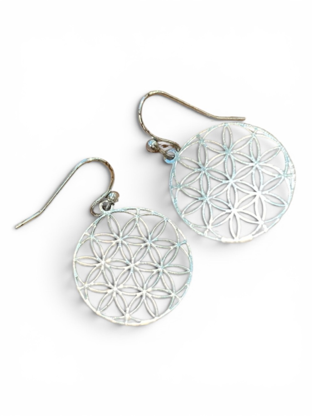 Silver Floral Geometric Drop Earrings - Sterling-Style Nice Light Reflection